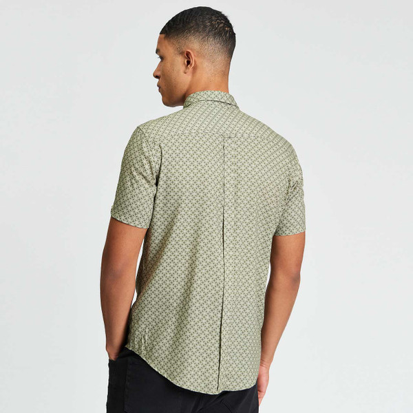 Man Wearing Ben Sherman Men's Mod Linear Print Geometric Short Sleeve Shirt in Loden Green Back View