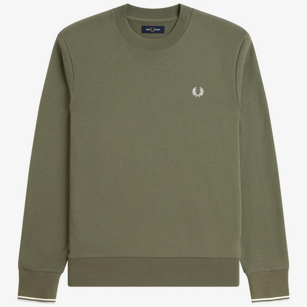 Fred Perry Crew Neck Retro Sweatshirt in Laurel Wreath Green - Main Front Image Flat