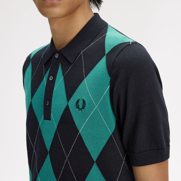 Fred Perry Argyle Intarsia Knitted Shirt in Black - Model Chest Side On