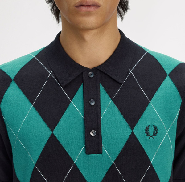 Fred Perry Argyle Intarsia Knitted Shirt in Black - Model Chest Front On