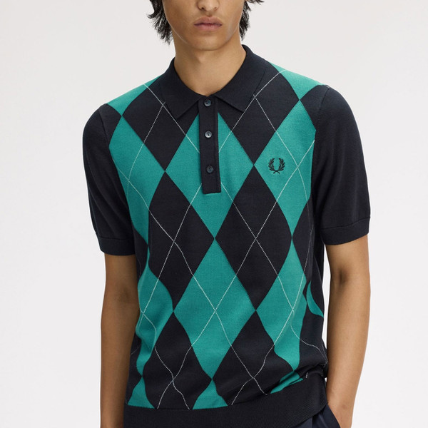 Man wearing Fred Perry Argyle Intarsia Knitted Shirt in Black