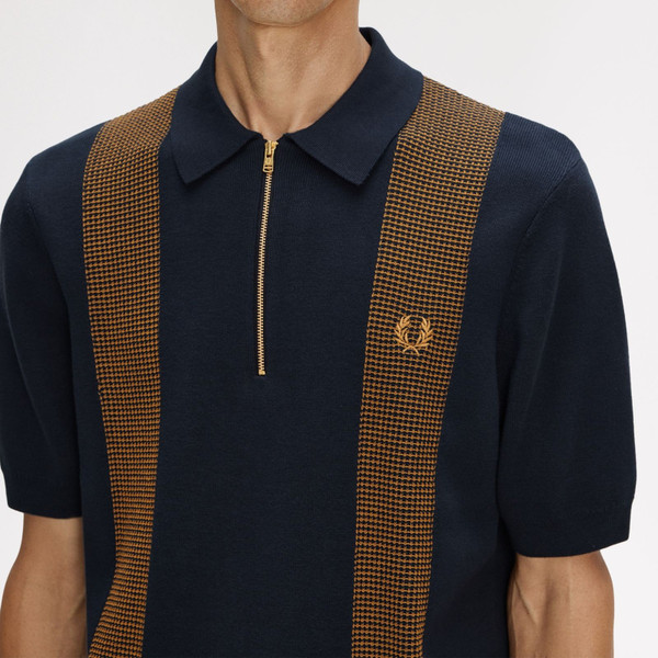 Fred Perry Panel Detail Knitted Polo Shirt in Navy - Model Chest Close Up