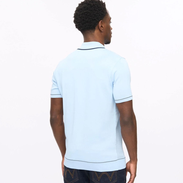 Back of Gabicci Vintage Mens Di Lello Archive Knitted Button Through Polo T-Shirt in Surf Blue
