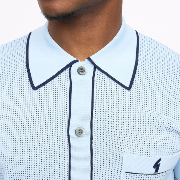 Collar and knit detail on Gabicci Vintage Mens Di Lello Archive Knitted Button Through Polo T-Shirt in Surf Blue