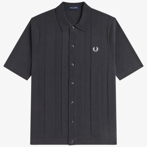 Fred Perry Tonal Vertical Stripe Knitted Shirt in Anchor Grey - Main Front Flat