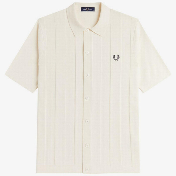 Fred Perry Tonal Vertical Stripe Knitted Shirt in Ecru - Main Image Front Flat