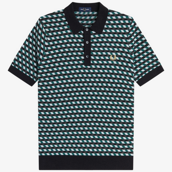 Fred Perry Geometric Ladder-Back Jacquard Knit Shirt in Light Ice - Main Image Front Flat