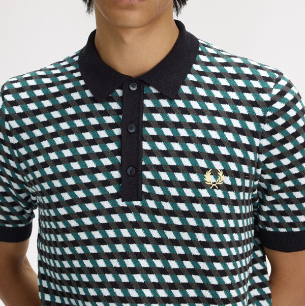 Fred Perry Geometric Ladder-Back Jacquard Knit Shirt in Light Ice -  Chest Model