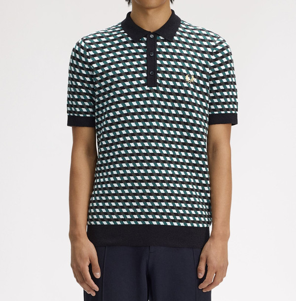 Fred Perry Geometric Ladder-Back Jacquard Knit Shirt in Light Ice - Front Model