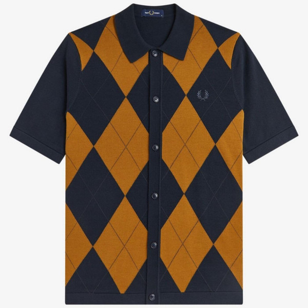 Fred Perry Argyle Button Through Knitted Shirt in Navy - Main Image Front Flat