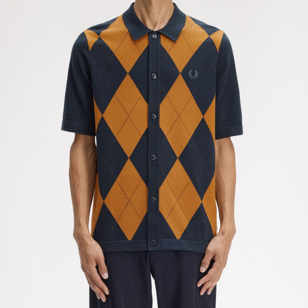Fred Perry Argyle Button Through Knitted Shirt in Navy - Model Front On