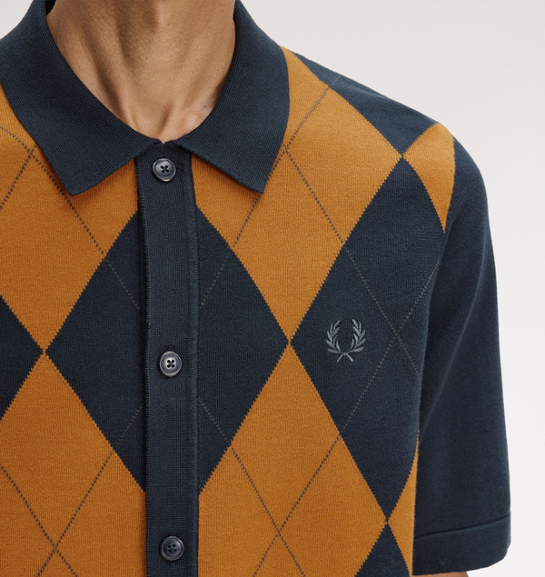 Fred Perry Argyle Button Through Knitted Shirt in Navy - Model Close Up Laurel Wreath