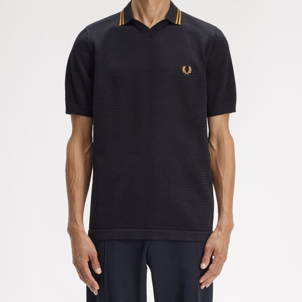 Fred Perry Pointelle Knit Trophy Neck Tipped Polo Shirt in Black - Model Front On