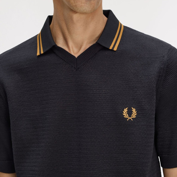 Trophy open neck collar on Fred Perry Pointelle Knit Trophy Neck Tipped Polo Shirt in Black