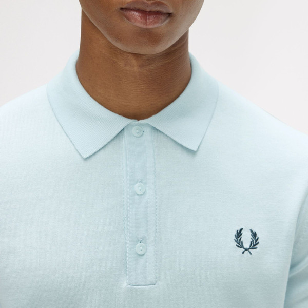 Fred Perry Long Staple Cotton Knitted Polo Shirt in Light Ice - Model Placket and Laurel Wreath
