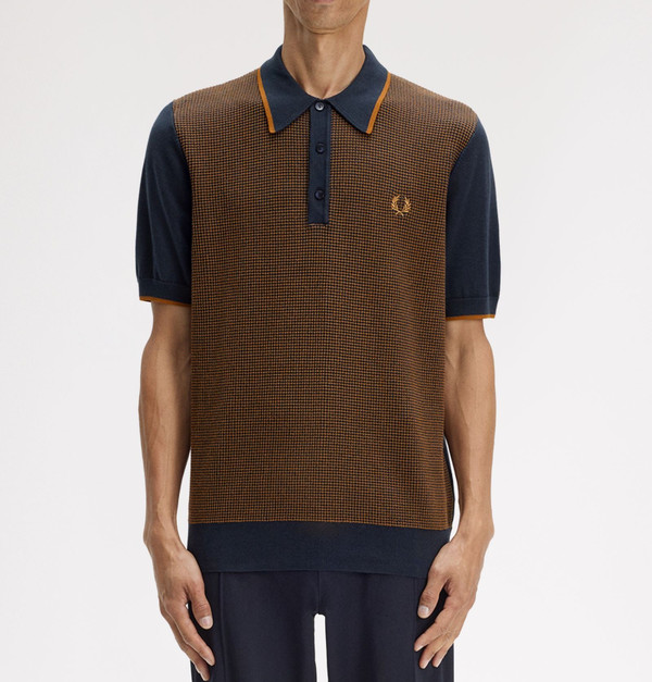 Fred Perry Tonic Waffle Knitted Polo Shirt in Navy - Model Front On