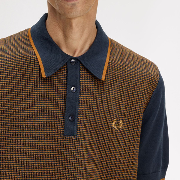 Fred Perry Tonic Waffle Knitted Polo Shirt in Navy - Model Chest Close Up