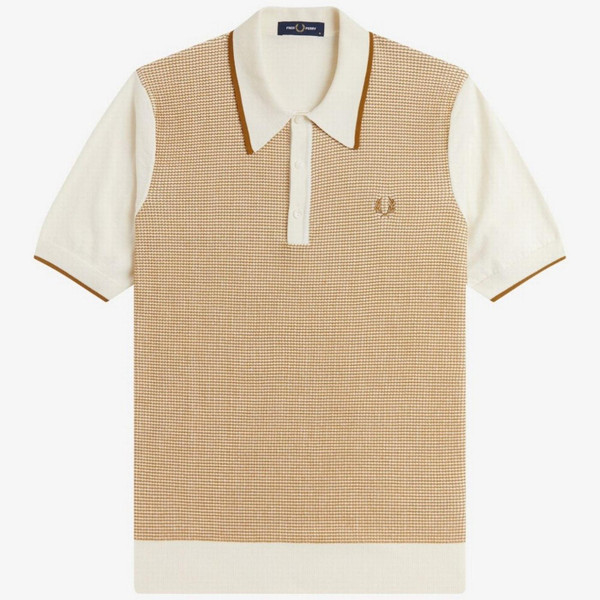 Fred Perry Tonic Waffle Knitted Polo Shirt in Ecru - Main Image Front Flat