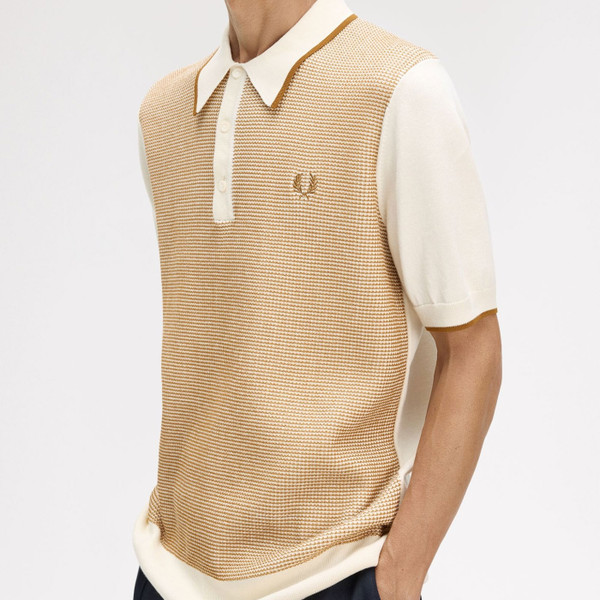 Man wearing Fred Perry Tonic Waffle Knitted Polo Shirt in Ecru