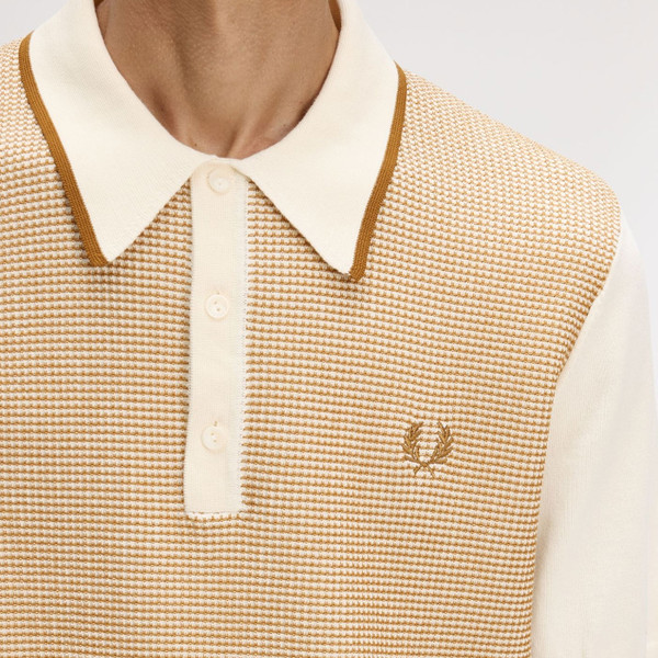 Collar on Fred Perry Tonic Waffle Knitted Polo Shirt in Ecru
