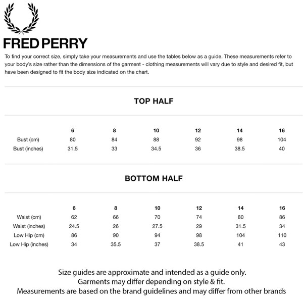 Size guide for Fred Perry G12 Women Made In England Tonal Twin Tipped Polo in Navy
