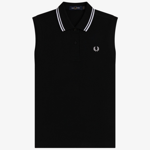 Fred Perry Women G7200 Sleeveless Tipped Pique Polo Shirt in Black - Main Image Front Flat