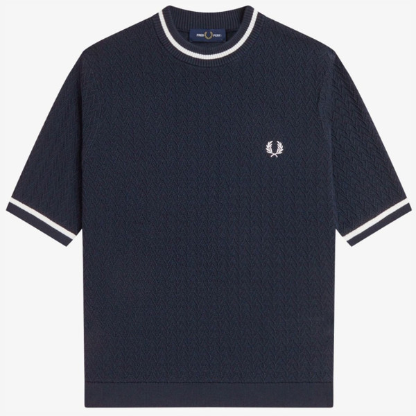 Fred Perry Women Textured Jacquard Knit Top with Single Tipping in Navy - Main Image Front Flat