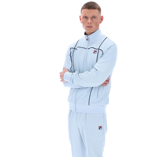 Man wearing Fila Vintage Mens Armando Contrast Piping Detail Zip Track Top in Skyway Blue