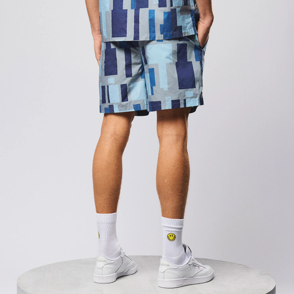 Weekend Offender Ouzou Terrain Block Print Summer Shorts in Smokey Grey - Model Back Image