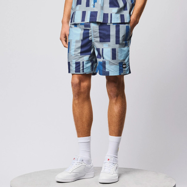 Weekend Offender Ouzou Terrain Block Print Summer Shorts in Smokey Grey - Model Front Image