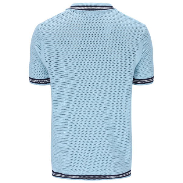 Back of Fila Vintage Domenico Retro Crochet Knit Shirt in Skyway Blue