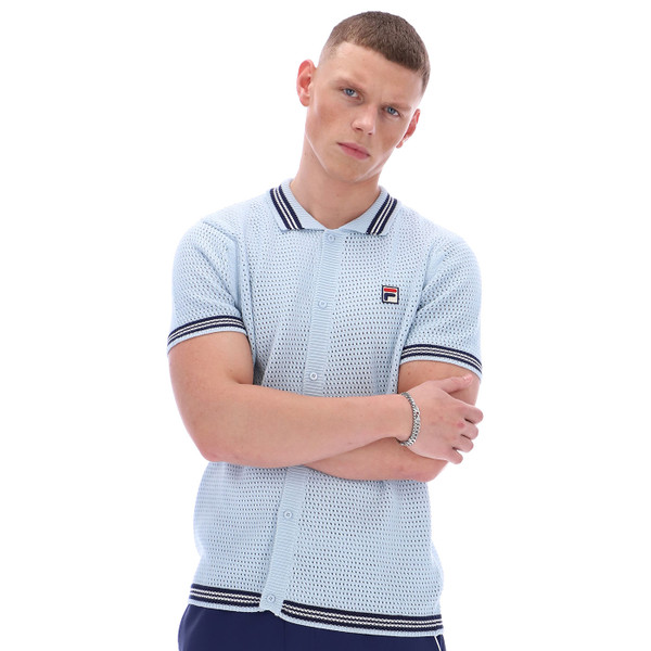 Man wearing Fila Vintage Domenico Retro Crochet Knit Shirt in Skyway Blue