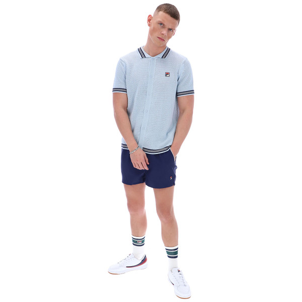 Full length photo of Fila Vintage Domenico Retro Crochet Knit Shirt in Skyway Blue