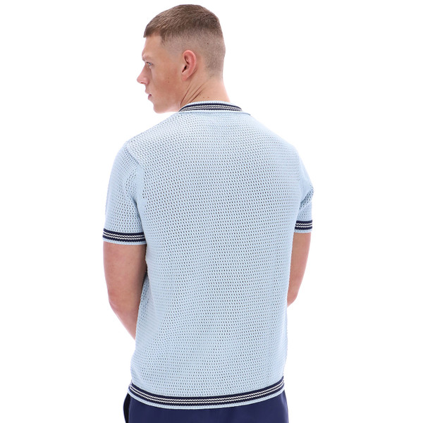 Back of Fila Vintage Domenico Retro Crochet Knit Shirt in Skyway Blue