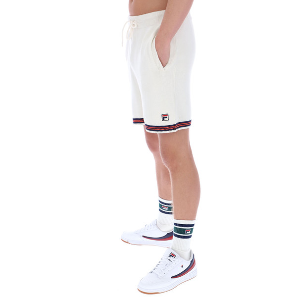 Side of Fila Vintage Clemente Crochet Knitted Contrast Tipped Shorts in Gardenia