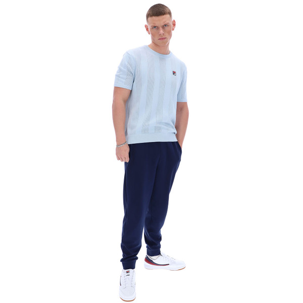 Full length photo of Fila Vintage Corrado Knitted Pointelle Panel T-Shirt in Skyway Blue