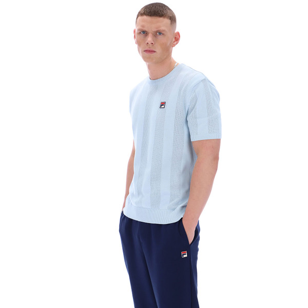Side of Fila Vintage Corrado Knitted Pointelle Panel T-Shirt in Skyway Blue
