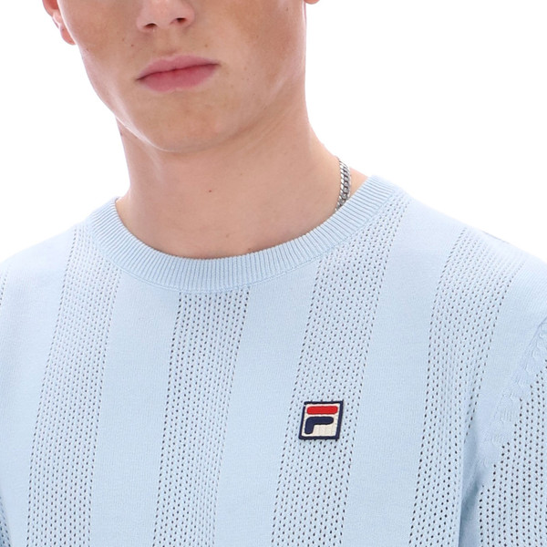 Knit and collar close up on Fila Vintage Corrado Knitted Pointelle Panel T-Shirt in Skyway Blue