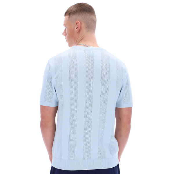Back of Fila Vintage Corrado Knitted Pointelle Panel T-Shirt in Skyway Blue