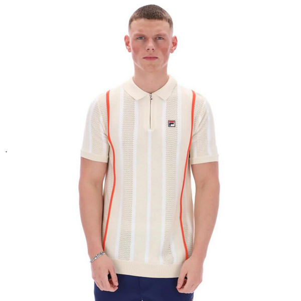 Fila Vintage Giorgio Men's Crochet Patchwork Knitted Polo in Tapioca - Main Image Model Front Facing