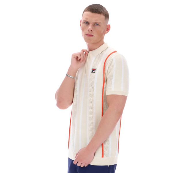 Fila Vintage Giorgio Men's Crochet Patchwork Knitted Polo in Tapioca - Model Left Side On