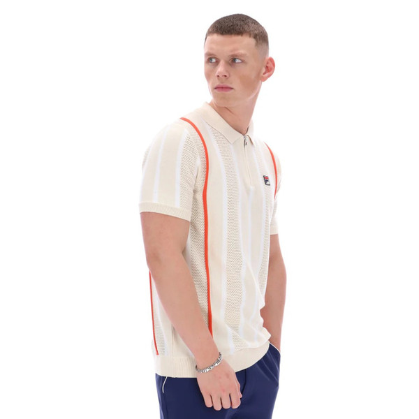 Fila Vintage Giorgio Men's Crochet Patchwork Knitted Polo in Tapioca - Model Right Side On