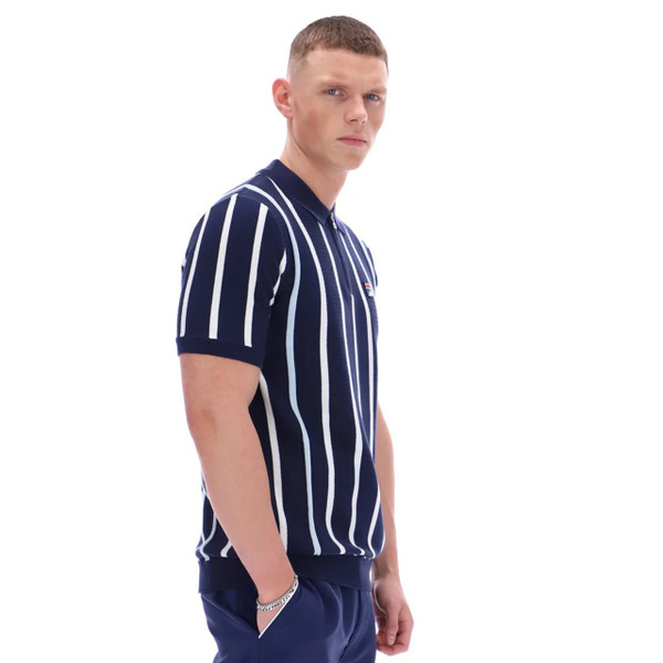 Fila Vintage Giorgio Men's Crochet Patchwork Knitted Polo in Navy - Model Right Side On
