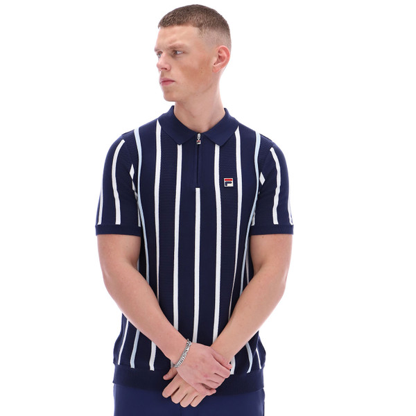 Man wearing Fila Vintage Giorgio Men's Crochet Knitted Polo in Navy