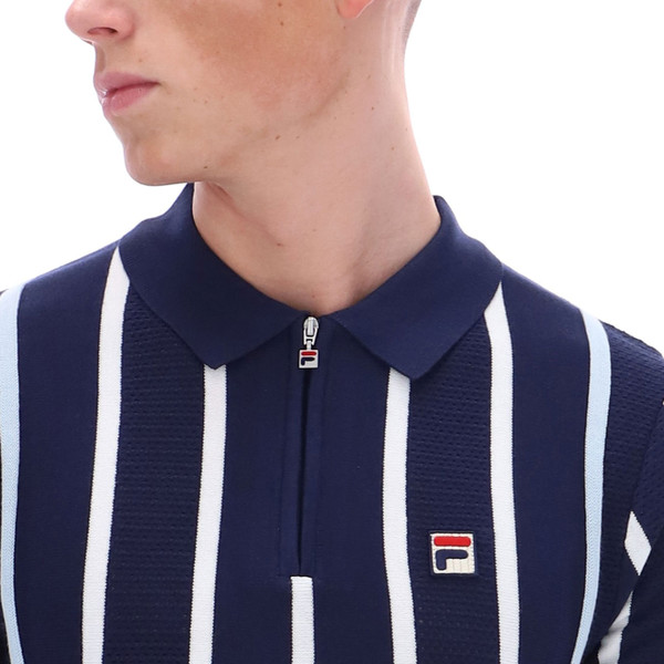 Zip neck collar on Fila Vintage Giorgio Men's Crochet Knitted Polo in Navy