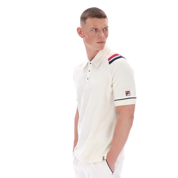 Fila Vintage Massimo Men's Snap Stud Terry Polo Shirt in Gardenia - Model Side On Showing Shoulder Stripes