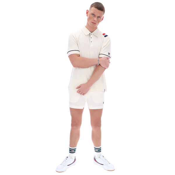 Full length photo of Fila Vintage Massimo Men's Snap Stud Terry Polo Shirt in Gardenia
