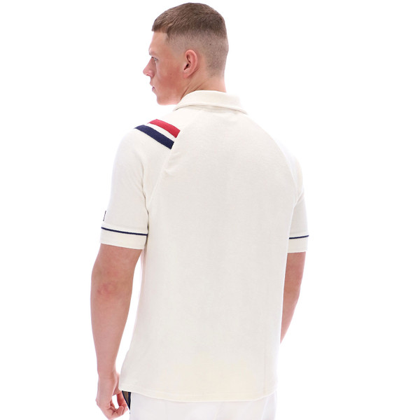 Back of Fila Vintage Massimo Men's Snap Stud Terry Polo Shirt in Gardenia