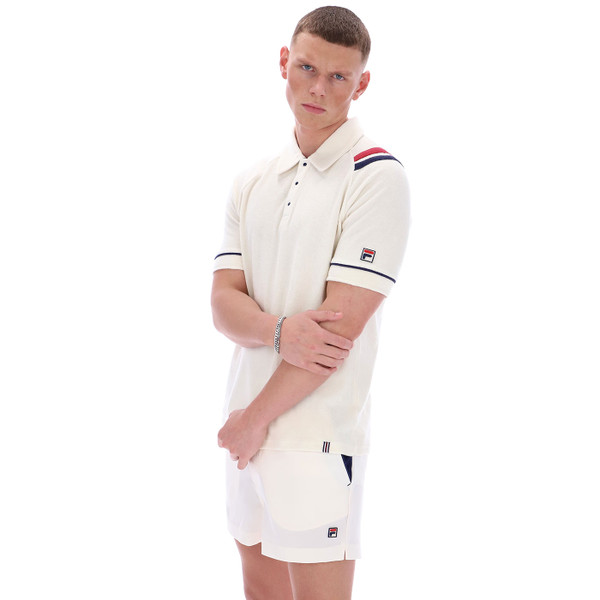 Side of Fila Vintage Massimo Men's Snap Stud Terry Polo Shirt in Gardenia