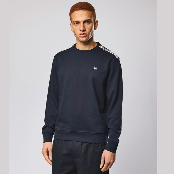 Weekend Offender Beida Mid House Check Panel Sweatshirt in Navy -  Model Front Facing